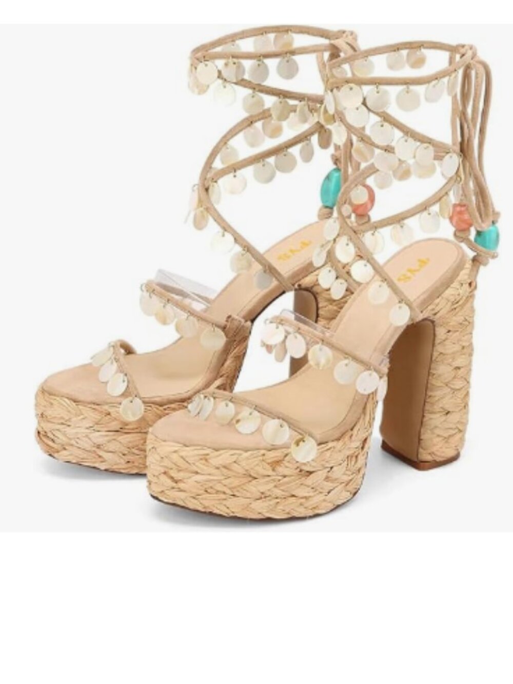 FYS Beige Strappy Platform Sandals Chunky High Heel Lace Up Shell Decorated Shoe